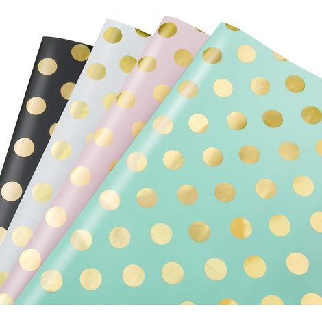 Papier Cadeau, Lot de 4 papier d'emballage d'or Motif en Points pour Anniversaire, Vacances, Mariage, Cadeau de Naissance (4 Couleurs, 70 x 50 cm), (1/4)