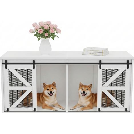 CHICFURN Cage pour deux chiens, meuble TV blanc en MDF et métal avec séparation centrale et portes coulissantes, usage intérieur compact, 160 x 60 x 75 cm (1/5)