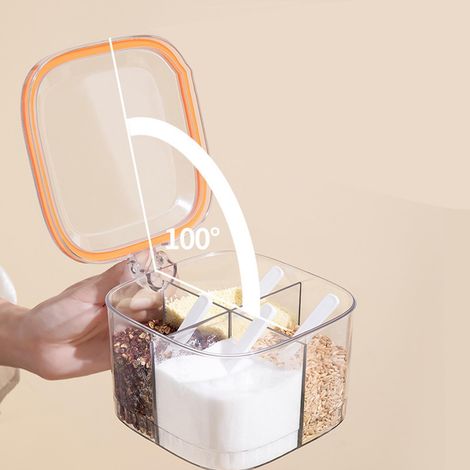 Pot à épices avec couvercle et 4 compartiments, 4 cuillères de service, pot transparent, pot de rangement transparent pour épices, petit pot à épices pour sel et sucre de cuisine.