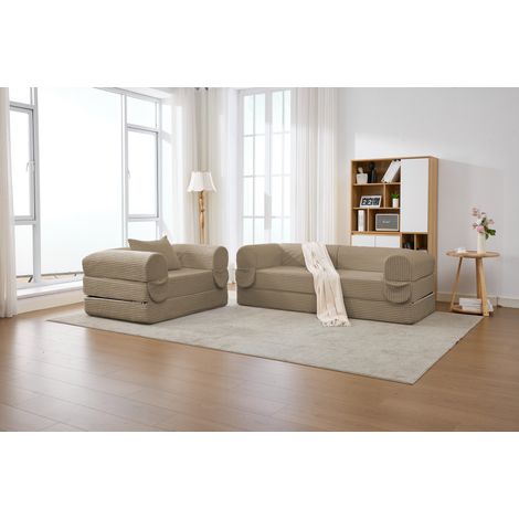 Ensemble de canapés en velours côtelé, canapé 1 place + canapé 2 places, modèle compressé – Dimensions : 190 x 78 x 65 cm + 120 x 85 x 60 cm (1/5)