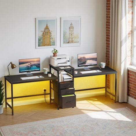Long 2-Person Double Desk, LED Computer Gaming & Home Office Work Table with Charging Station, Drawers, Printer Shelf for PC Study Workstations (1/5)