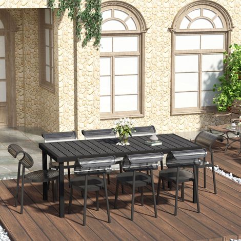 Table de jardin en aluminium noir rectangulaire 190 x 90 x 74 cm avec plateau effet bois imperméable (1/5)