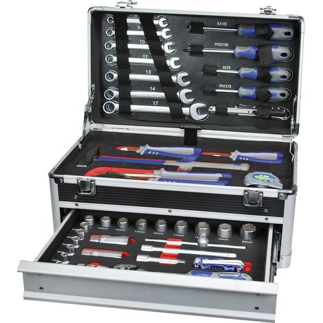 Caisse à outils en aluminium 503045 – 1 tiroir – 45 pièces Chrome Vanadium – Noir/Alu – Outils pour travaux intensifs