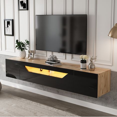 MEUBLIV Meuble TV mural 180x37x36 cm noir et naturel – LED, sans matelas (1/5)