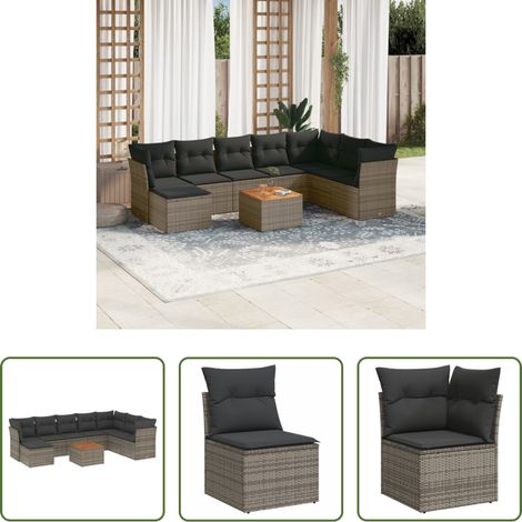 vidaXL Canapé en résine tressée - Salon de jardin 9 pcs avec coussins gris résine tressée (1/5)
