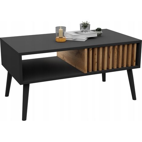 Table basse scandinave à lamelles, noire/brune, style loft avec étagère (1/5)