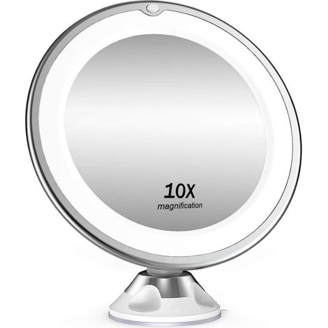 Lntyq Miroir cosmétique grossissant x 10, éclairage LED, pivotant à 360°, miroir de rasage avec ventouse, pour la maison et les voyages, blanc