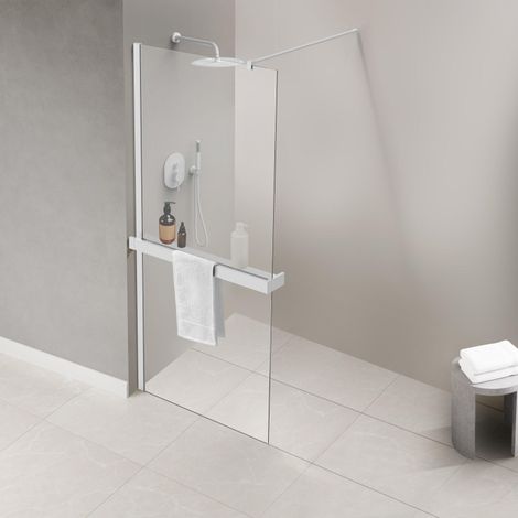 Fortifura – Porte-serviettes mural pour douche à l’italienne – Fixation sur verre – Longueur 140 cm – Blanc mat – Recoupable (1/5)