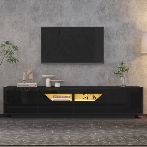 Meuble TV 75 pouces 180x40x45 cm, 2 tiroirs, 2 placards, 2 niches, LED réglable via application, façade brillante, aggloméré - Noir (1/5)
