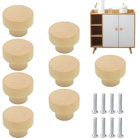 Ensemble de 8 boutons de meuble en bois laqué de 35 mm de diamètre. Vis i,couleur bois naturel. Convient aux tiroirs et portes,naturel,35 mm,bois (1/5)