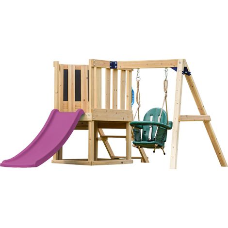 Axi Timo Mini Aire De Jeux - Toboggan Violet Cabane Pour Enfant Avec Balançoire Pour Bébé, Mur D'Escalade Et Tableau Noir Structure De Jeux Pour Le Jardin