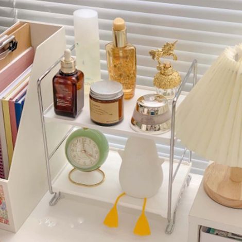 Étagère de bureau minimaliste à double niveau de style japonais pour le rangement des cosmétiques, des produits de salle de bain et de la coiffeuse détachable. (1/5)