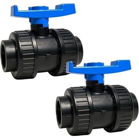 Vanne à bille en PVC Ø 40 mm - Lot de 2 - Double union, soudable par solvant - Pression nominale PN16 bar - Résistante aux produits chimiques (60 °C) - Convient pour piscines, jardins, irrigation et c (1/4)