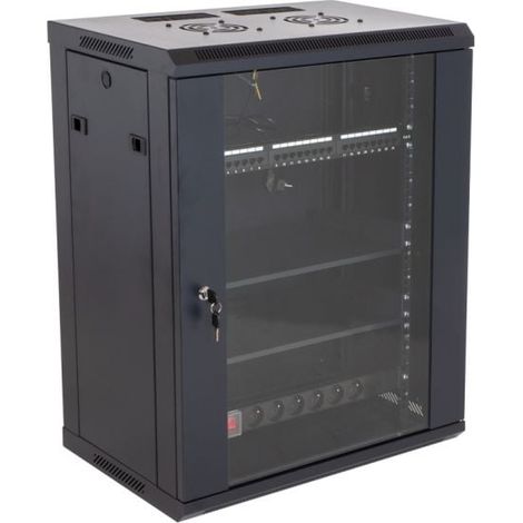 Ohmtec – Baie de brassage 19 pouces avec 24 connecteurs RJ45 CAT6 – Panneau de 6 prises 16A – 2 ventilateurs intégrés – Porte vitrée sécurisée