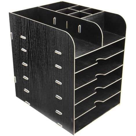 Rangement de Bureau Porte-Magazines Organisateur de table en Bois Bac à lettres avec 6 étagères Support de stockage Pot à stylo Classeur de Brosses Cosmétiques Plateau de document
