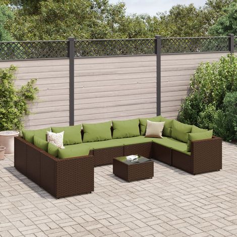 10-tlg. Garten-Lounge-Set mit Kissen Braun Poly Rattan (1/5)