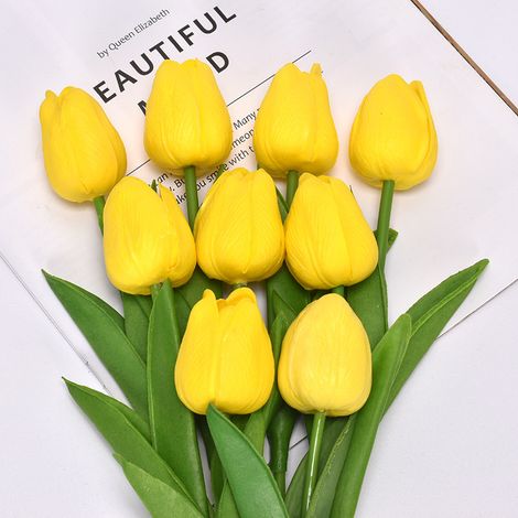 Lot de 10 tulipes artificielles 34 cm pour intérieur ou extérieur, décoration de mariage, cuisine, bureau, café, maison (Jaune)