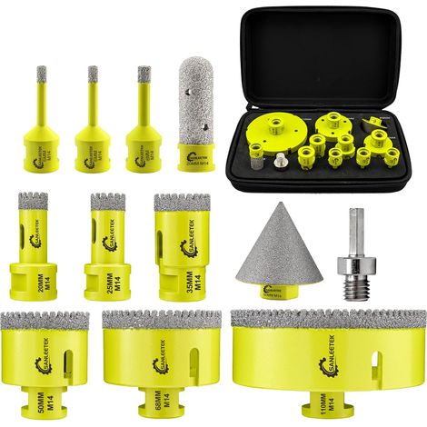Foret Diamant Carrelage Kit - 12pcs (6/6/8/20/25/35/50/68/110mm+20mm Forets à Fraiser+50mm Mèches Chanfrein+Adaptateur) Dentelé pour Carrelage Céramique Porcelaine Marbre Granit M14 Filetage (1/5)
