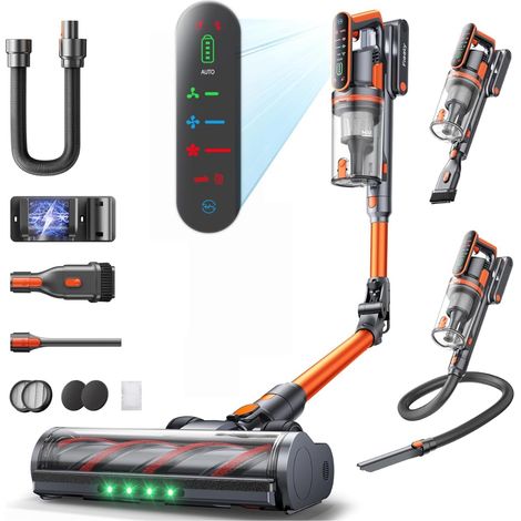 Aspirateur Balai sans Fil, 50kPa/600W/65Min Aspirateur sans Fil Puissant avec Tube Pliable Parfumé Mode Automatique Tuyau Extensible 1m pour Poils d'animaux, Tapis, Sols Durs et Voiture
