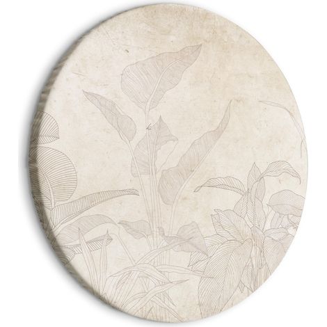 Peinture ronde - Végétation exotique discrète - Contours délicats de buissons tropicaux sur un fond beige sable / Plantes exotiques subtiles (1/4)