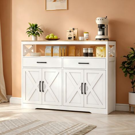 Buffet de rangement 140 x 40 x 105 cm à étagères réglables, Commode à 2 portes et 2 tirtors, Meuble bas, Armoire Tiroirs, pour Salon, Chambre, Salle à Manger, couleur bois naturel+blanc, MDF