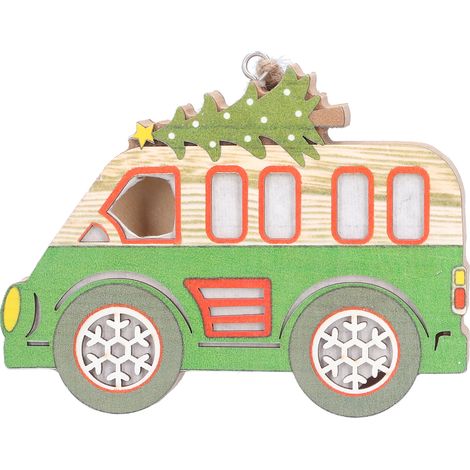 Pendentif Arbre de Noël en Bois pour Voiture - Minibus Vert Décoratif, Design Mignon et Coloré à Suspendre (1/5)