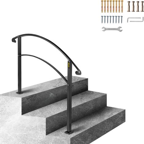 Rampe d'Escalier pour 3 Marches Extérieures Main Courante Escalier en Fer Forgé, Surface Lisse à Revêtement de Poudre, Rampe Flexible Extérieur pour Porche, Marches en Béton, Brique, Bois, Noir (1/5)