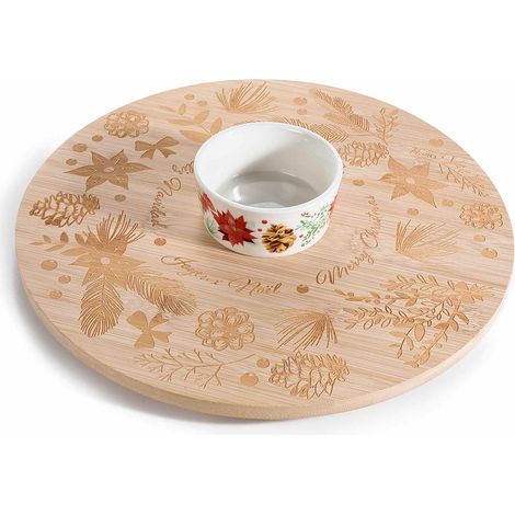 Tagliere girevole / set aperitivo di Natale con decori natalizi intagliati e coppetta centrale decorata in ceramica, set da 2 pezzi, Tagliere: Ø 30 cm