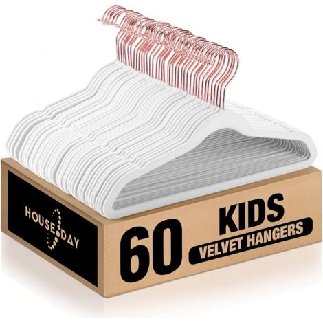 Cintre en Velours pour Enfant lot 60, Ceintre Enfant antidérapants avec Crochets en Rose Or pour Jupe Chemise Pantalon Robe vêtements, 35cm, Blanc (1/5)