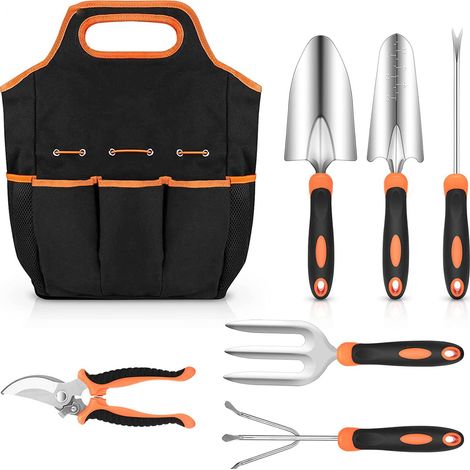 Ensemble d'outils de jardin en acier inoxydable pour la taille et la coupe de l'herbe, comprenant gants et ciseaux.