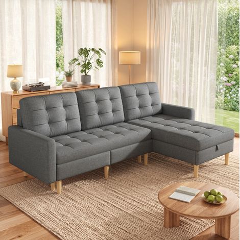Divano angolare a 3 posti con contenitore, chaise longue reversibile, 212x130x86 cm, tessuto grigio per soggiorno (1/5)