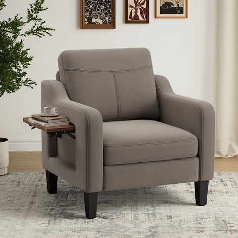 Fauteuil d’appoint moderne en tissu lin avec table rabattable et rangement latéral – chaise ergonomique avec mousse mémoire de forme, style mid-century polyvalent et facile à déplacer,marron (1/5)