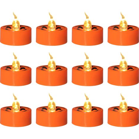 Bougies Électriques Orange Halloween - Bougies LED Flameless Sans Feu 12 Pièces, Votive 3.6cm, Flickering Jaune Warm, Matière Plastique, Batterie CR2032 (1/5)