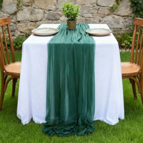 Dos caminos de mesa de gasa, decoración de mesa para bodas bohemias, 75x300cm - Verde oscuro (1/5)