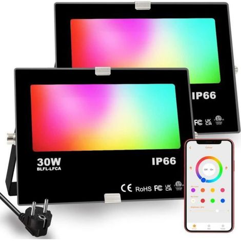 2Pcs RGBW Projecteur LED Exterieur 30W contrôlé par smartphone, Intelligente RGB Spot LED de Couleur,20 Modes 16 millions Couleurs (1/3)