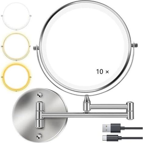 Miroir de maquillage mural avec éclairage intégré - 20 cm, grossissement x3/x10, intensité lumineuse réglable sur 3 niveaux, miroir double face rotatif à 360°, couleur argent (1/5)