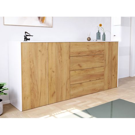 Sideboard Impulse 200cm 3 Türen 4 Pushauszüg Weiß Hgl Eiche (1/5)
