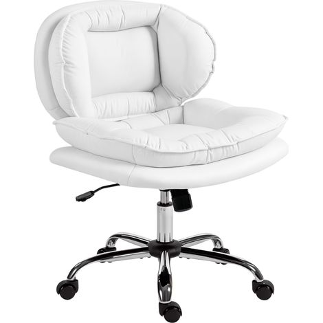 Chaise de bureau à piètement croisé, assise large, roulettes, hauteur réglable, double rembourrage, fonction inclinable, blanche (1/5)