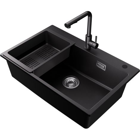 Lavello in granito 70 × 45 cm, Sofetiy Max lavello da cucina in resina con miscelatore estraibile, lavello da appoggio incl. cestello scolapiatti e sifone (1/5)