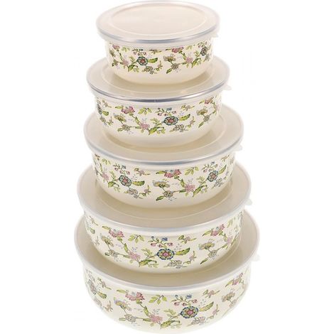 Bol Enamel - 5 Pièces 250 ml à 1000 ml Avec Couvercles - Pour Salades Et Soupes - Lot Complet (1/5)