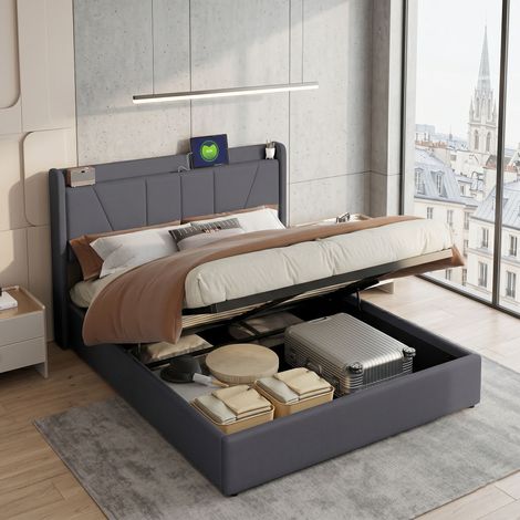 Lit 160x200cm avec 2 USB et 1 Tpye - C, Lit Rembourré avec avec Sommier à Lattes en Bois, Lit Coffre 160x200 avec Rangement et Tete de Lit, Lin (Gris, 160x200 cm) (1/5)