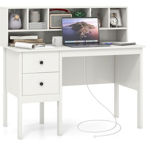 COSTWAY Computer Desk with Power Outlets and Hutch White (1/5)