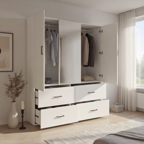 Zweitüriger Kleiderschrank mit Spiegel und Acryltüren, Drehtürenschrank mit 4 Schubladen, moderner Garderobenschrank, 130 x 181,5 x 51,8 cm (B/H/T), Weiß (1/5)