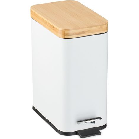 Relaxdays Mülleimer Bad, 5 Liter, entnehmbarer Inneneimer, Kosmetikeimer, Metall, Badmülleimer mit Bambusdeckel, weiß