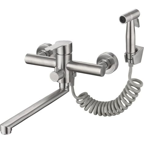 Küchenarmatur zur Wandmontage aus gebürstetem Nickel mit seitlicher Brause – Profiqualität, bleifreier Spültischmischer, 12-Zoll-Auslauf (1/4)