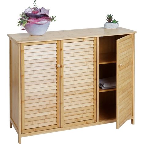 Armoire de salle de bain HWC-B18 - Armoire de salle de bain Étagère de salle de bain Commode - 3 portes Bambou 81x97x34cm