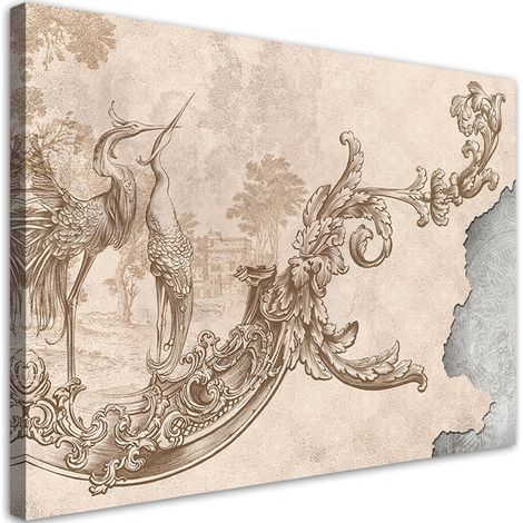 Quadro su tela, Uccelli selvatici e foglie su un affresco orientale - 100x70 (1/5)