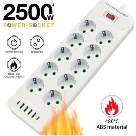 10 Socket USB Power Strip with 4 USB Ports Travel Charger (5V3.1A) 1 USB C, 2500W 10A Electric Power Strip with 2m Cable, Home, Office-White (1/4)