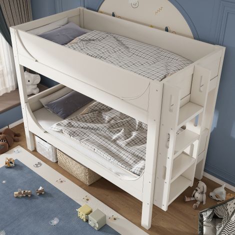 Lit superposé 90x200 cm lit double séparable avec échelle flexible à monter côté tête/pied, cadre en bois, blanc, sans matelas (1/5)