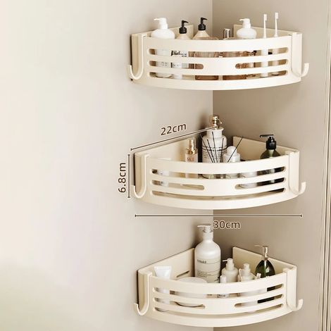 (Blanc crème, lot de 3) Étagère de salle de bain à 2 niveaux, sans perçage, en métal, avec porte-shampoing et étagère d'angle pour WC. Accessoires de salle de bain compatibles WC. (1/5)